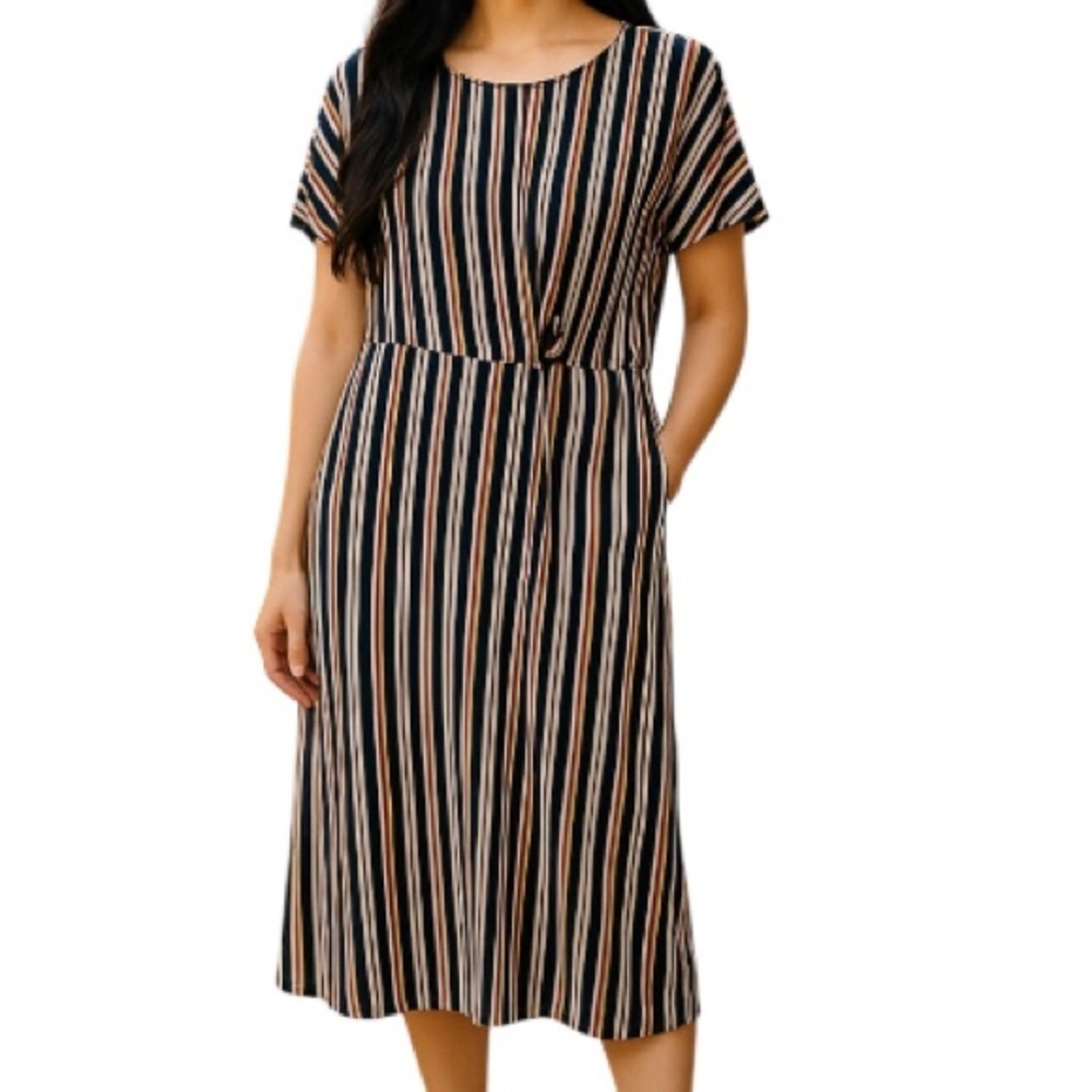 MICHEL STUDIO COLLECTION Navy Stripe Maxi Dress Twist Gathered Waist Coastal X
